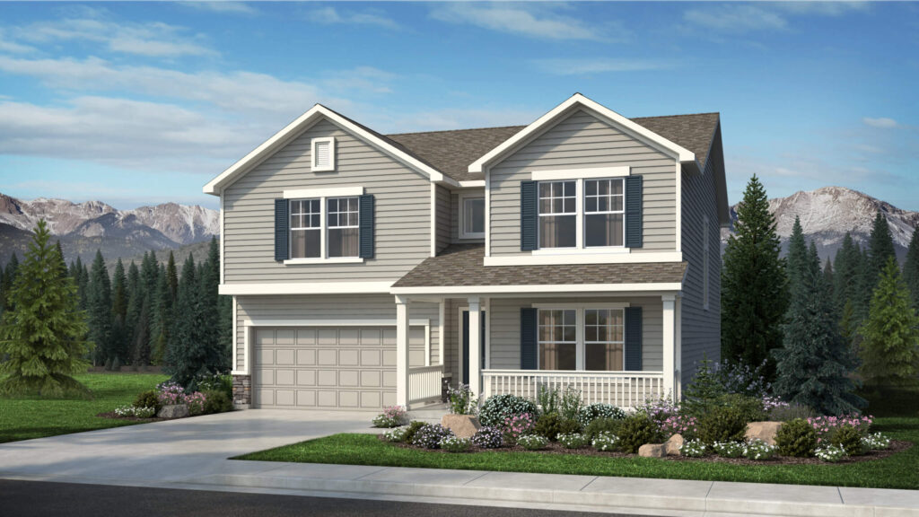 Two-story gray siding rendered home with covered front porch and attached garage.
