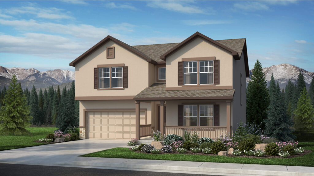 Two-story suburban house with front porch, attached two-car garage, and landscaped yard.