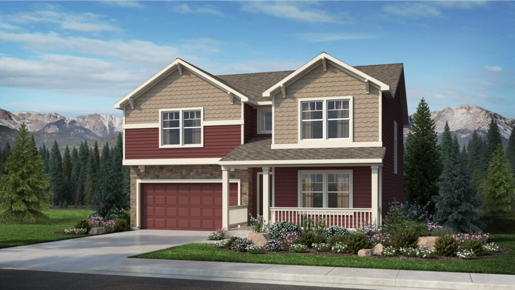 Two-story house with red siding, covered porch, stone accents, and attached garage.
