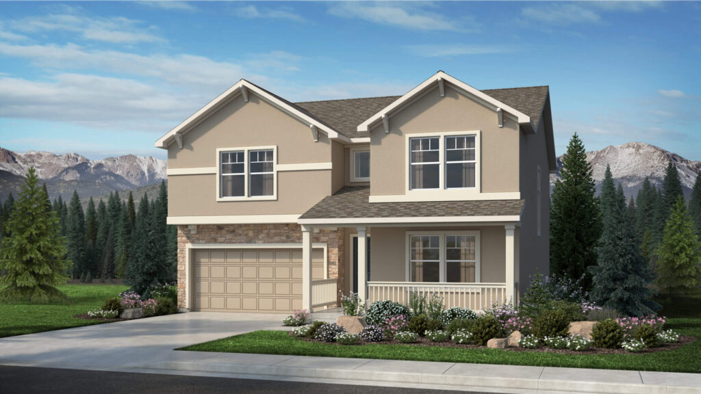 Two-story beige house with front porch, stone-accented garage, and landscaped front yard.