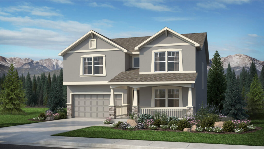 Gray two-story house with covered porch, double garage, and decorative trim.