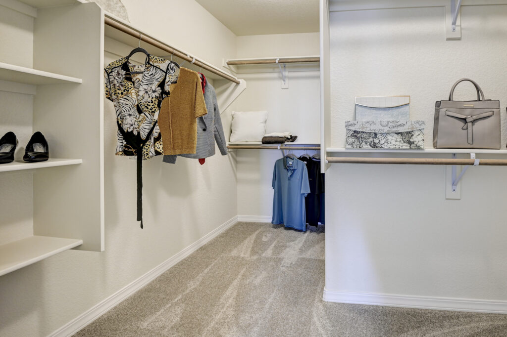 Carpeted walk-in closet with hanging rods, shelves, and a few garments and shoes displayed.