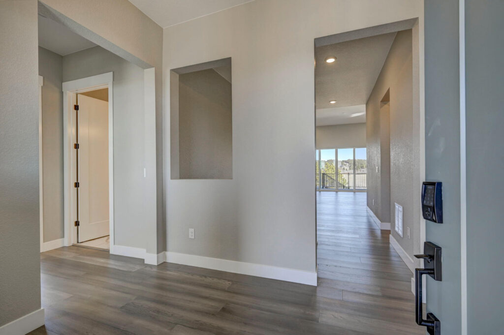 Entry view into a hallway and open living area with gray walls and wood-look flooring.