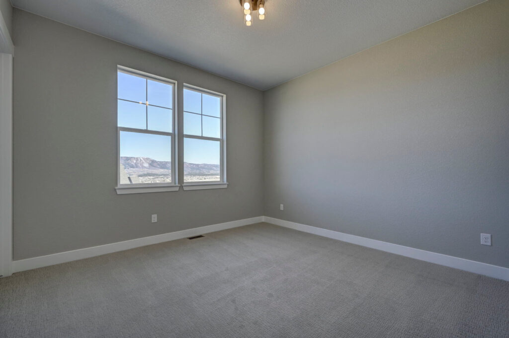 Empty carpeted room with two-pane window showing distant hills and clear sky.