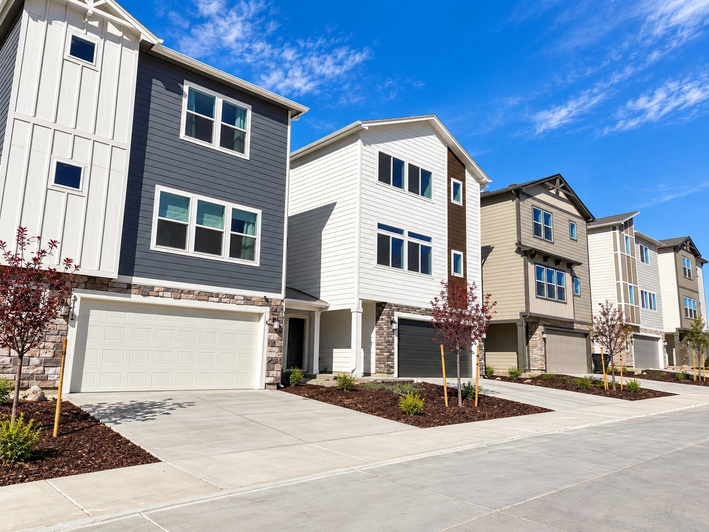 Tall narrow townhouse-style homes with multiple stories and garages on a paved lane.