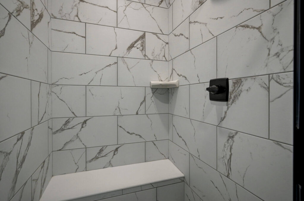 Close-up of a tiled shower corner with a wall-mounted soap shelf and single-handle control.