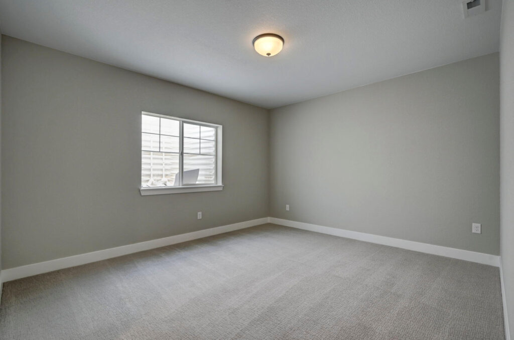 Simple carpeted room with a single window and ceiling-mounted light fixture.
