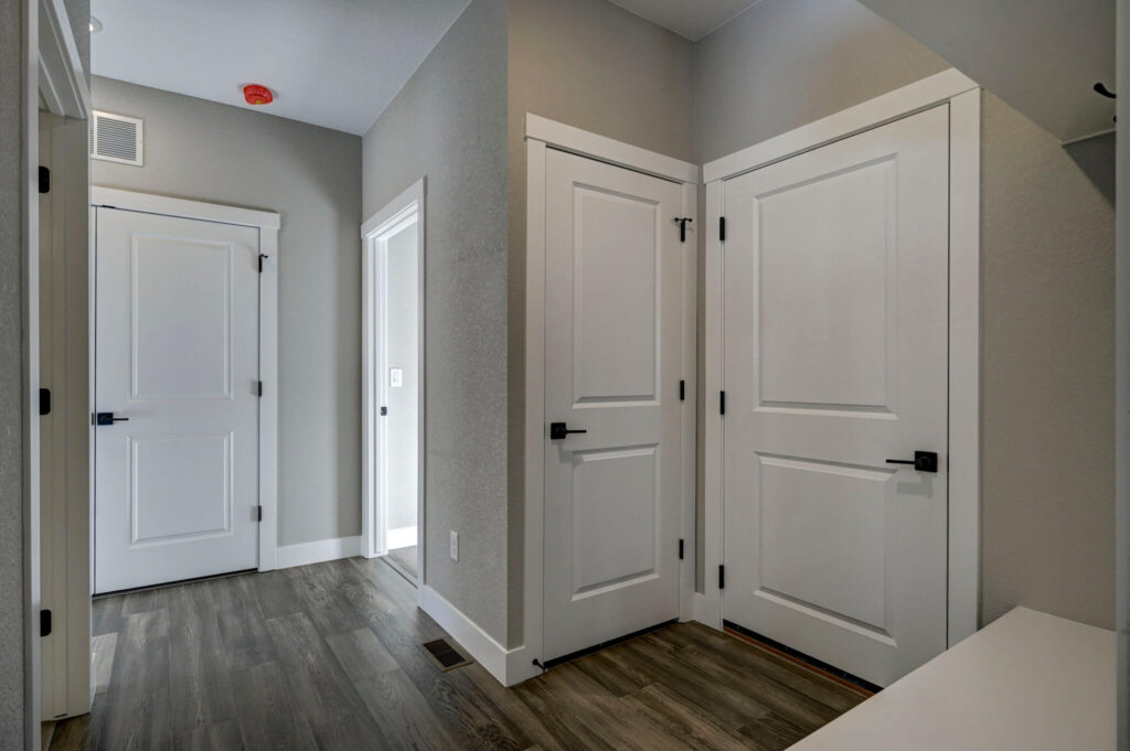 Hallway with three white interior doors and wood-look flooring, neutral gray walls.