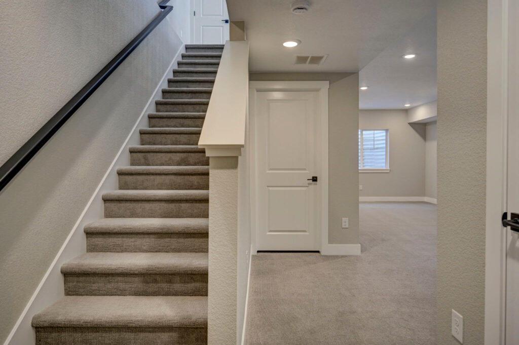 Carpeted stairs beside a small finished basement entry with a white door and windowed room beyond.