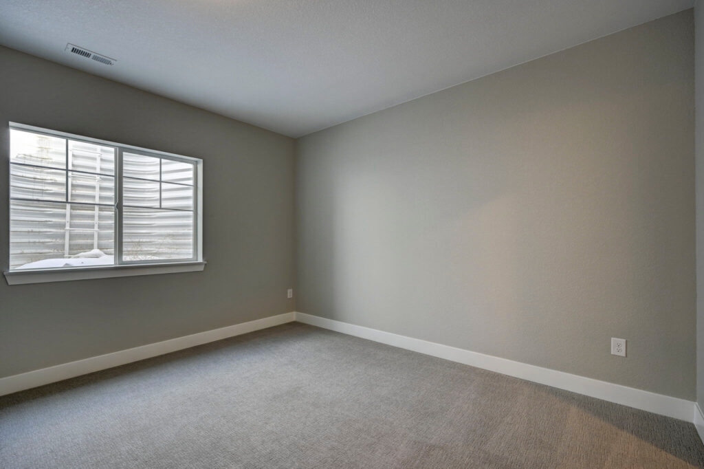 Empty carpeted room with gray walls, baseboard trim and a single window with an egress well outside.