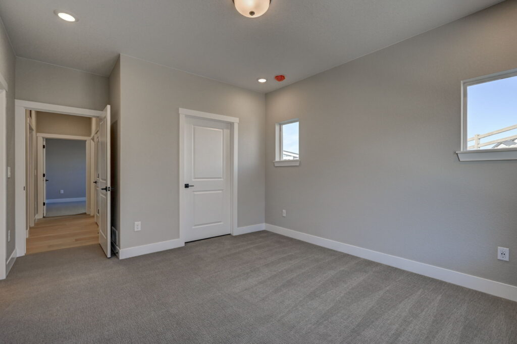 Empty bedroom with closed white door, two small windows, and gray carpeting under ceiling light.