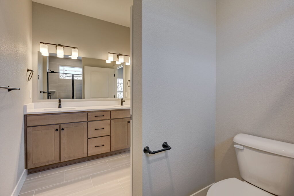 Bathroom vanity and mirror visible from doorway with toilet in foreground.