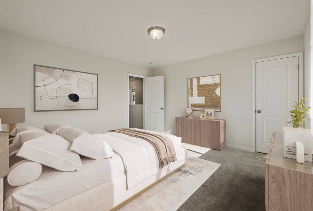 Neutral-toned bedroom with bed, dresser, carpeted floor, and abstract wall art.