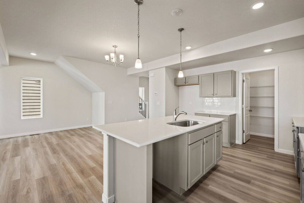 Open kitchen and living area with center island, gray cabinets, and wood-look flooring.