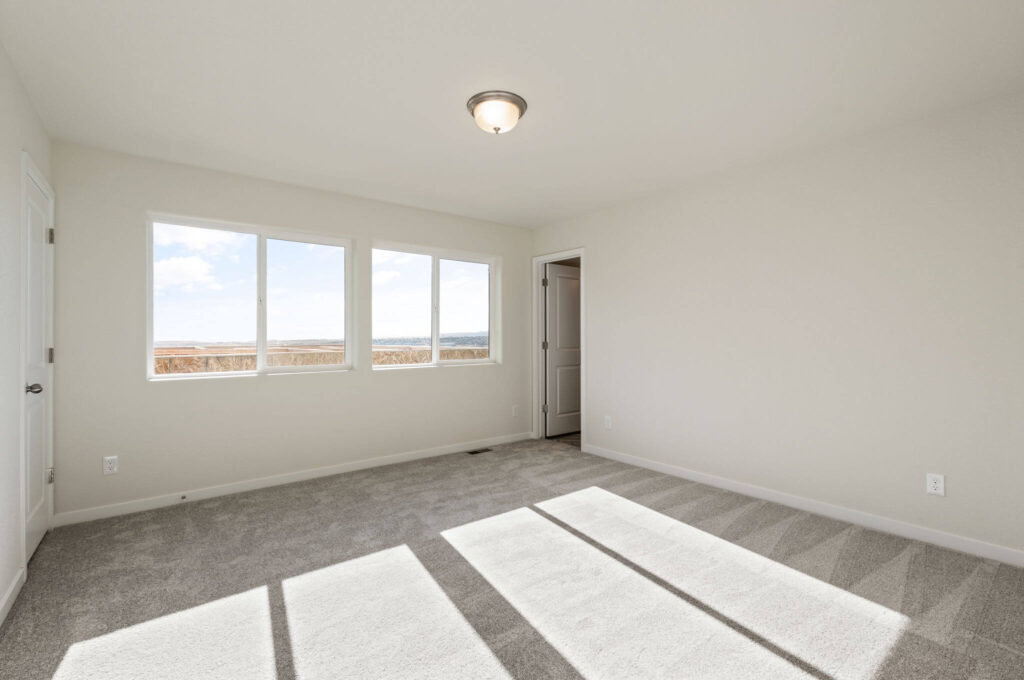 Bright empty bedroom with three windows, carpeted floor, and soft neutral walls.