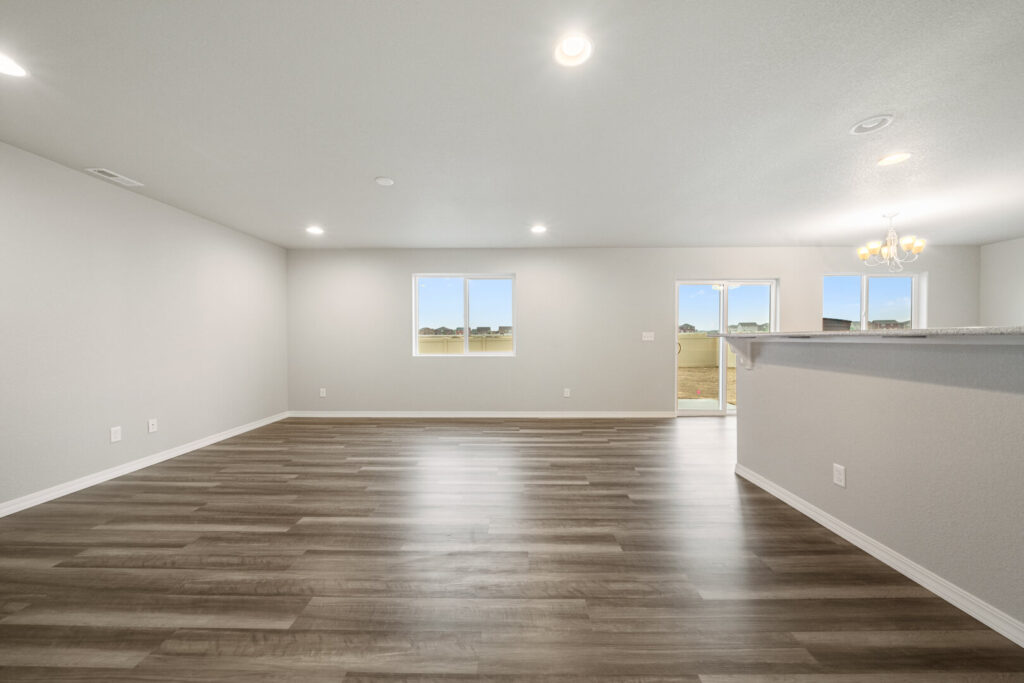 Spacious open living area with wide plank flooring, recessed lights, and sliding door to backyard.