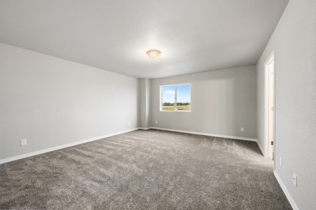 Large empty carpeted room with a single window and neutral painted walls.