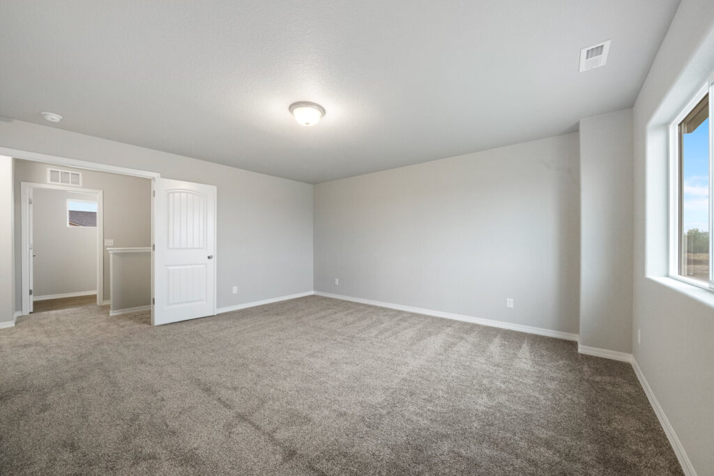Spacious neutral bedroom or loft with gray carpet, window, ceiling light, and open door.