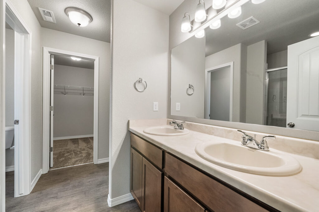 Bathroom vanity with two sinks, large mirror, and doorway leading to a walk-in closet.