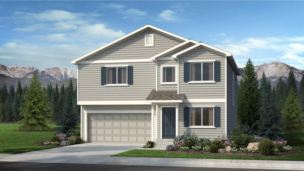 Architectural rendering of a two-story house with attached two-car garage and gray siding.