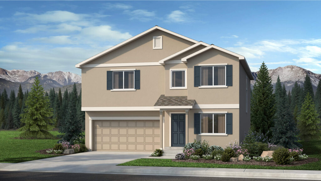 Two-story beige suburban house with attached two-car garage and mountain backdrop.