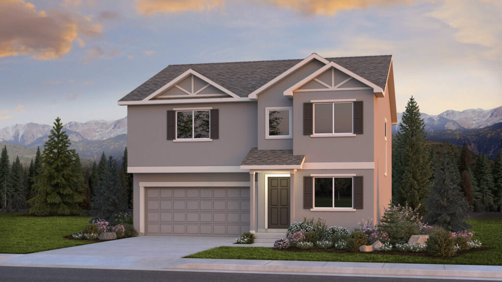 Two-story light-gray house with gable accents, garage, and modest front landscaping at dusk.