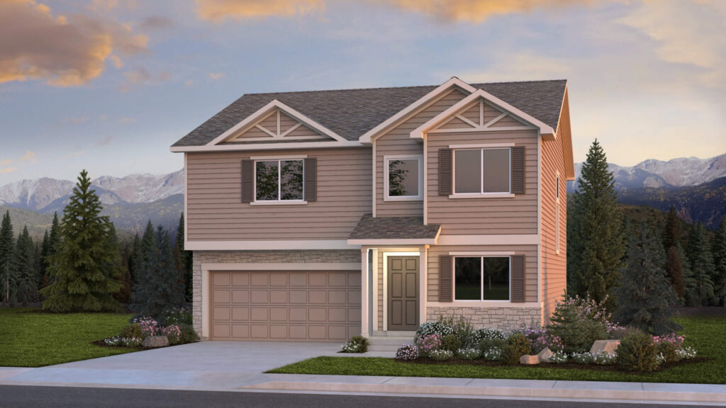 Two-story tan house with mixed siding and stone accents, garage, and landscaped front yard.
