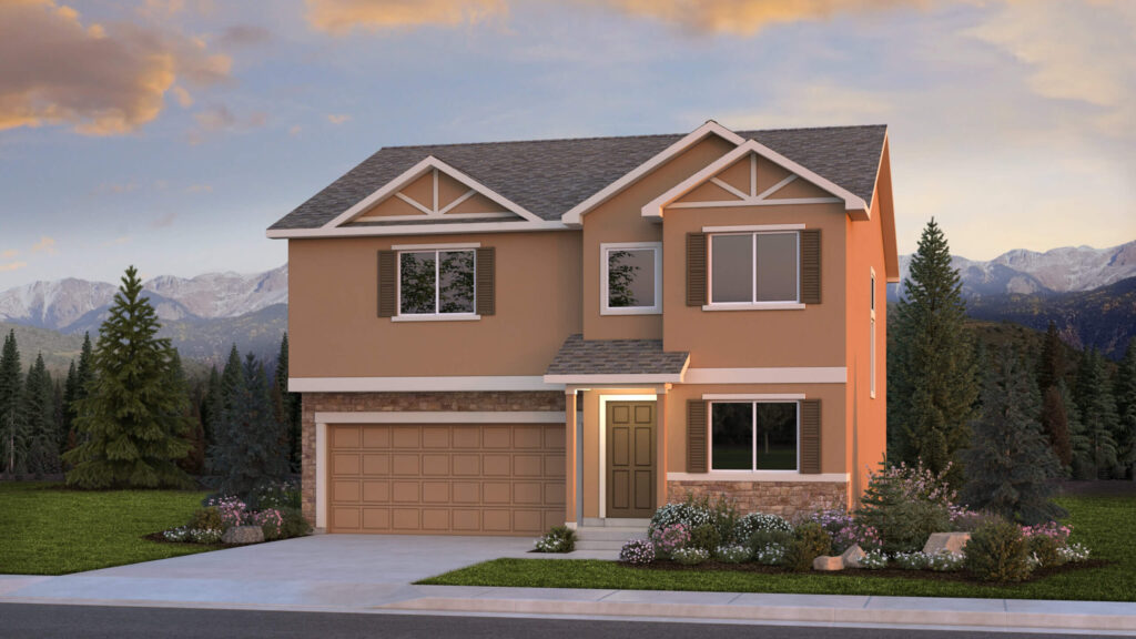 Two-story rendered house with warm tan stucco, double garage and front porch under evening sky.