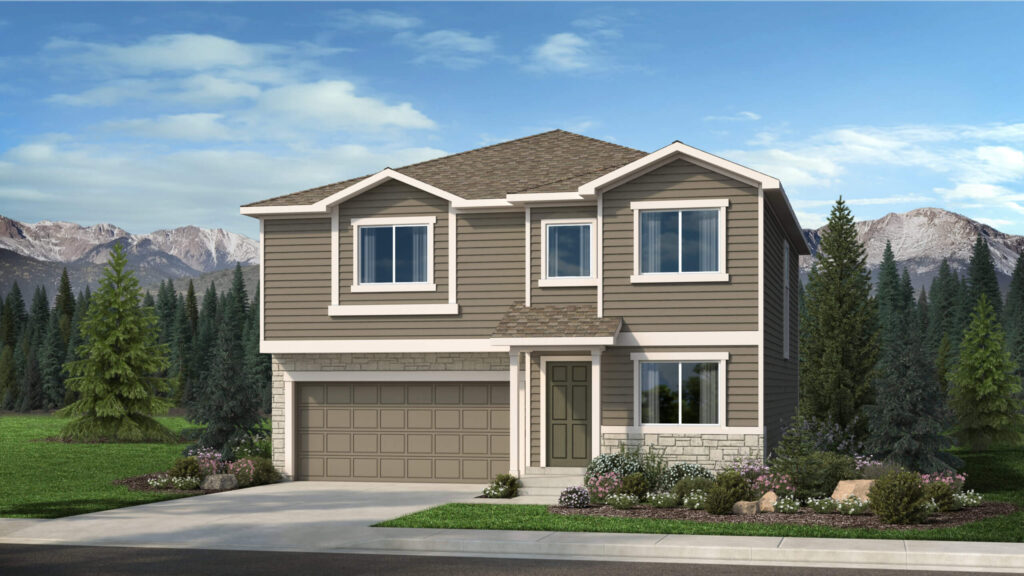 Two-story rendered house with gray horizontal siding, stone accent and double garage under blue sky.