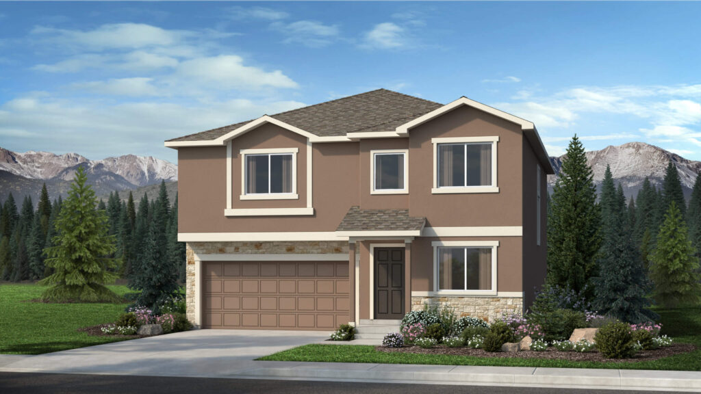 Two-story rendered house with warm brown exterior, stone accents and double garage beneath clear sky.