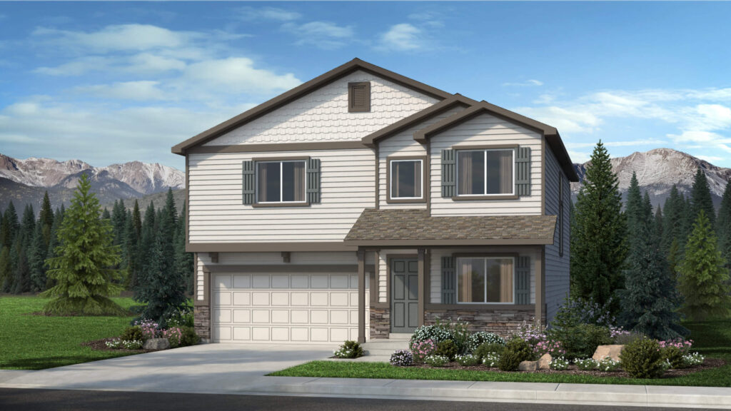 Two-story rendered house with white siding, shutters, stone base and double garage under blue sky.