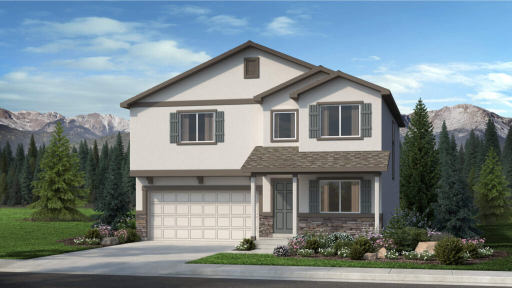 Two-story suburban house with light siding, front porch, and double garage under blue sky.