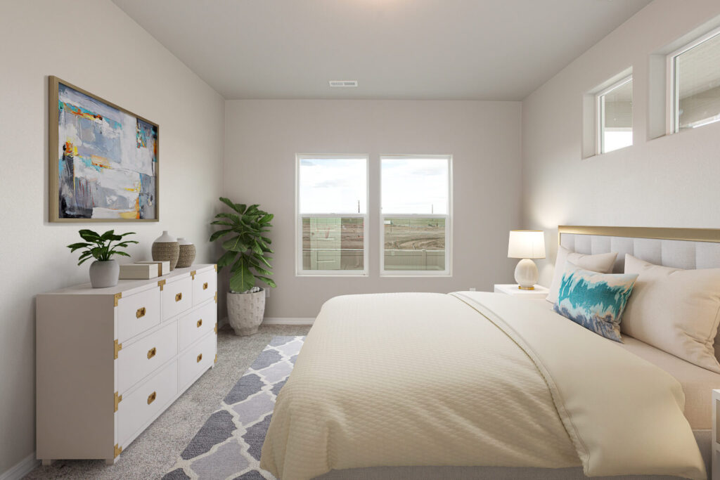Staged bedroom with bed, dresser, rug, potted plant, and two windows overlooking outdoors.
