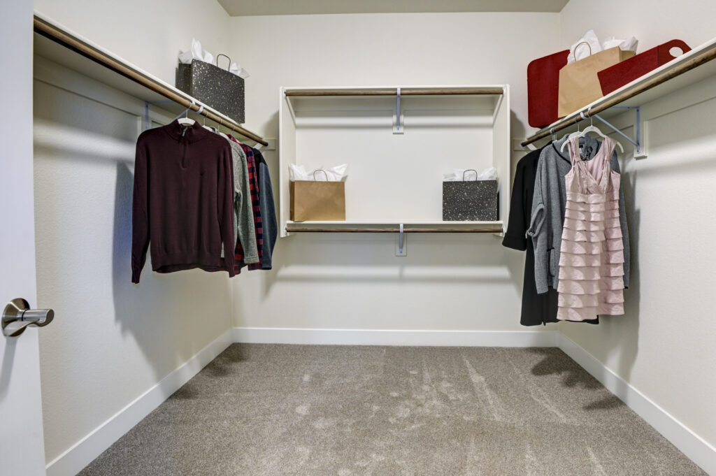 Empty walk-in closet with carpeted floor, surrounding hanging rods, shelves, and a few garments and bags.