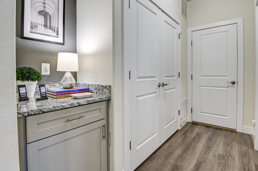 Hallway nook with granite-topped cabinet, lamp, framed art, and two white doors on wood-look flooring.