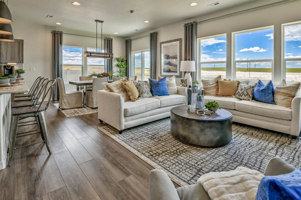 Bright open living room with two light sofas, round coffee table, and large windows.
