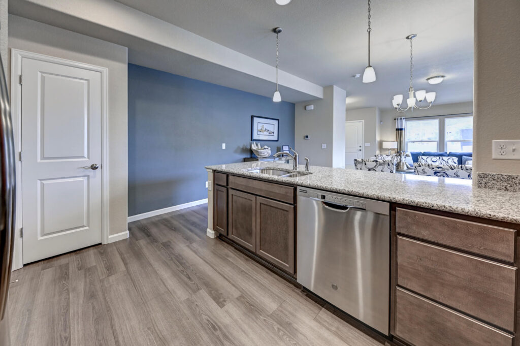 Kitchen island and dishwasher with gray-blue accent wall and open living area beyond.