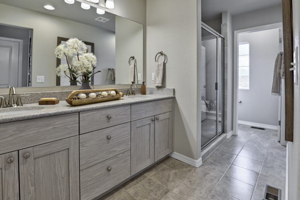 Bathroom vanity with double sinks, large mirror, light fixtures and a glass-enclosed shower beyond.