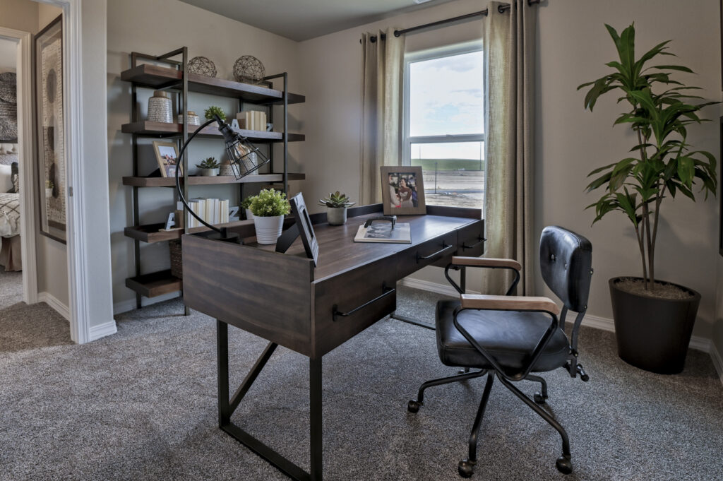Home office corner with a wooden desk, shelving unit, rolling chair, and potted plant.