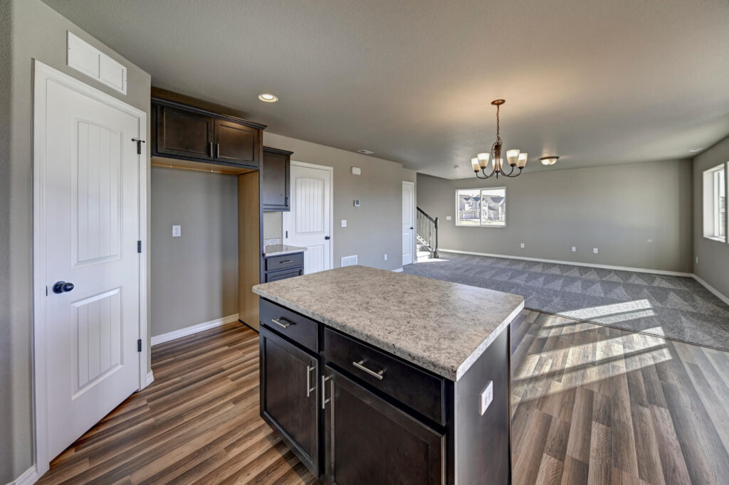 Open-plan living area seen from the kitchen island with wood-look floors and carpeted seating area.