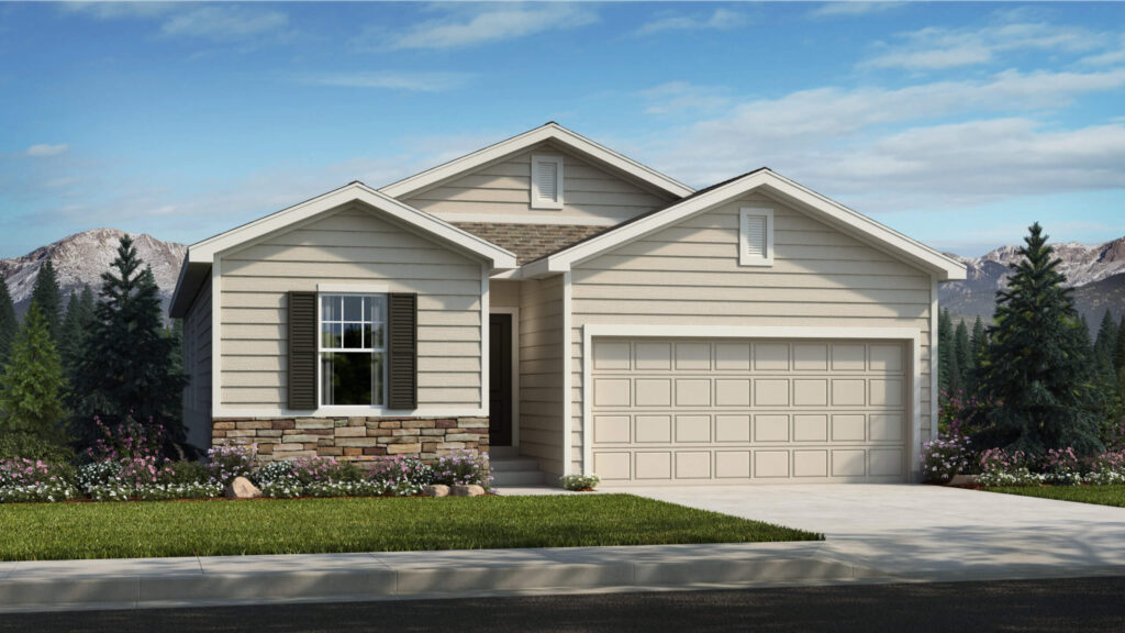 Single-story light beige house with double garage, front window and low stone veneer, mountain background.