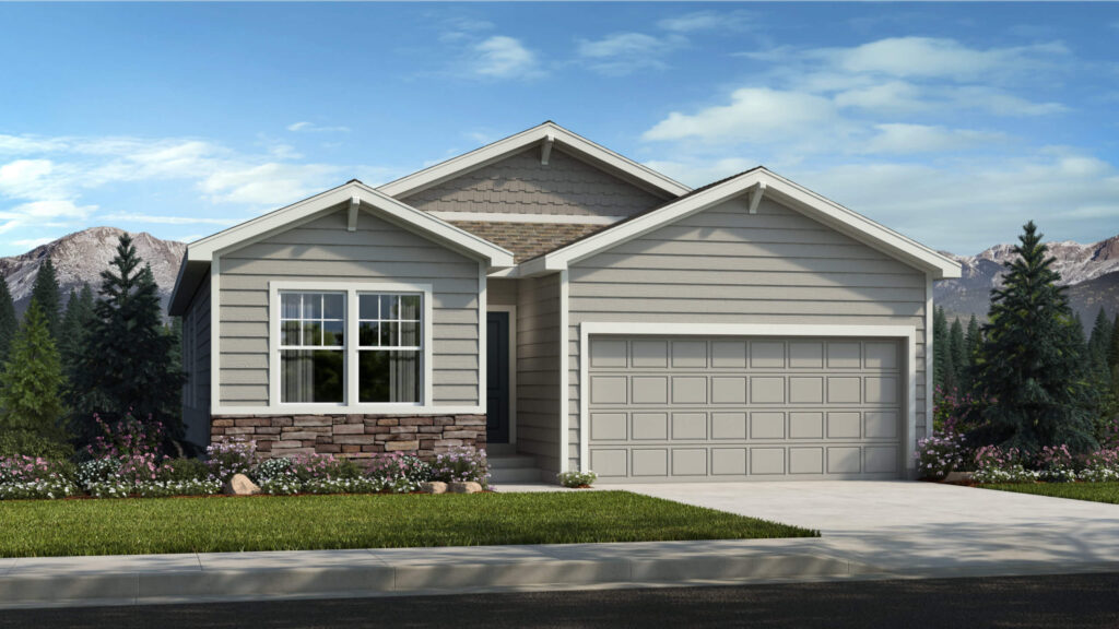 Single-story house with light horizontal siding, stone base, and attached two-car garage.