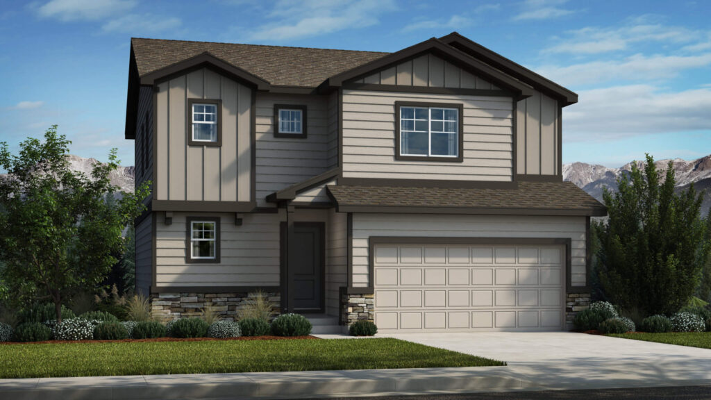 Two-story suburban house with mixed siding, front garage, and landscaped lawn under blue sky.