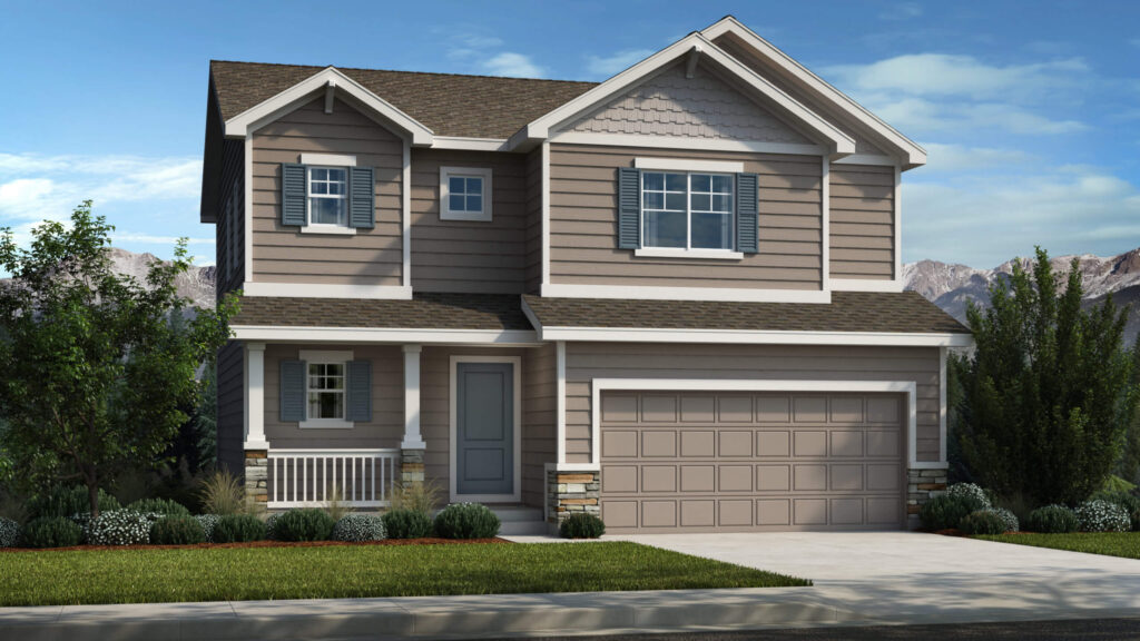 Architectural rendering of a two-story house with covered porch and attached two-car garage.