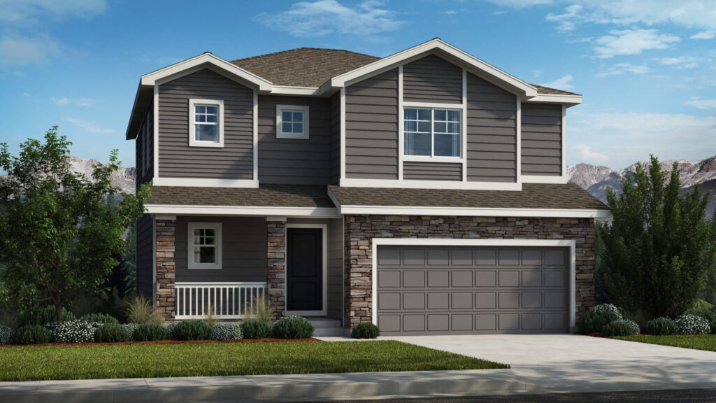 Architectural rendering of a two-story house with stone accents and a two-car garage.