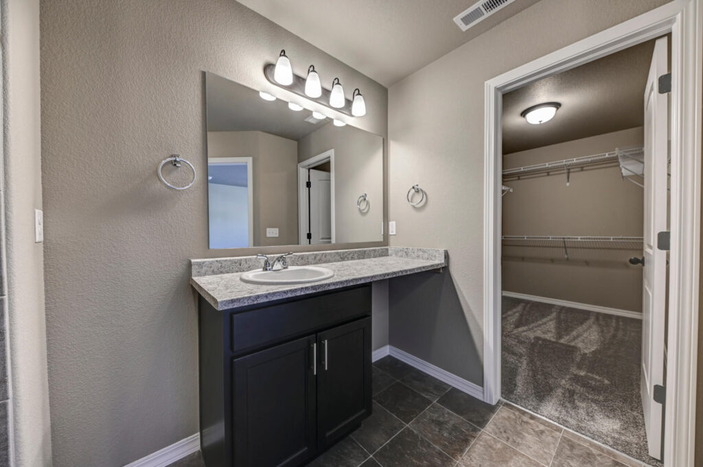 Bathroom vanity with single sink, large mirror, and open doorway to a carpeted closet.