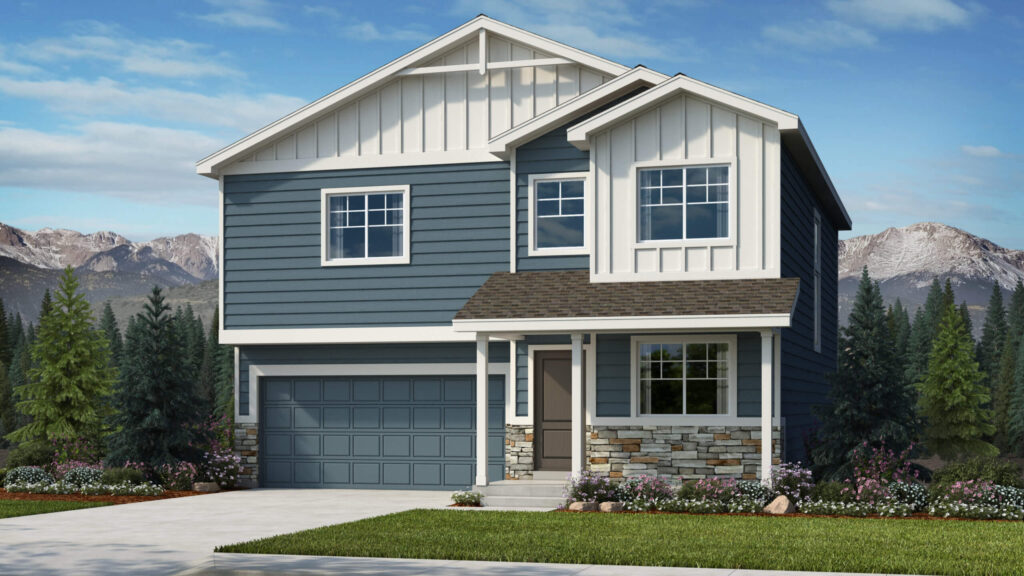 Two-story blue and white house rendering with board-and-batten gable and attached garage.