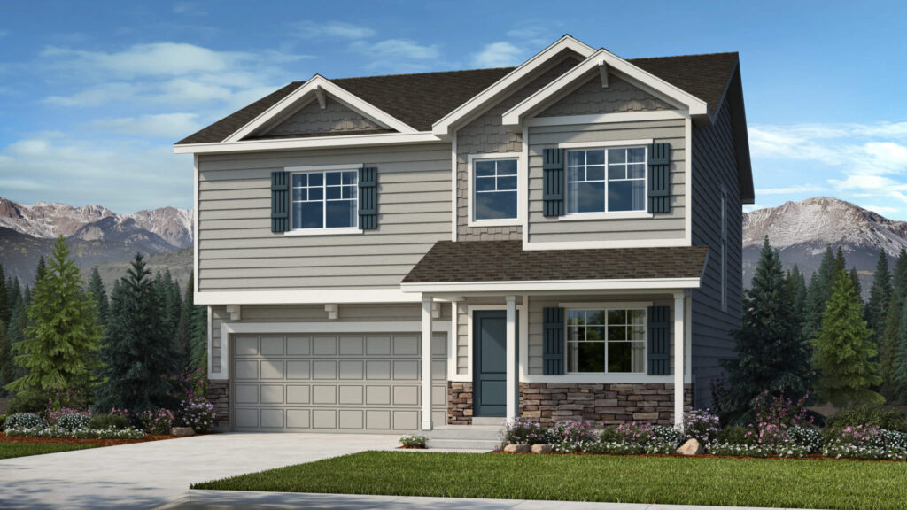 Two-story house rendering with gray siding, shutters, stone lower facade and small covered porch.