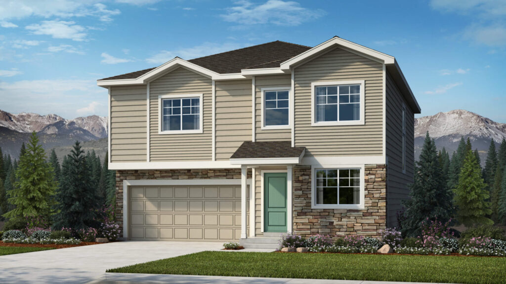 Two-story exterior rendering of a beige house with attached two-car garage and green front door.