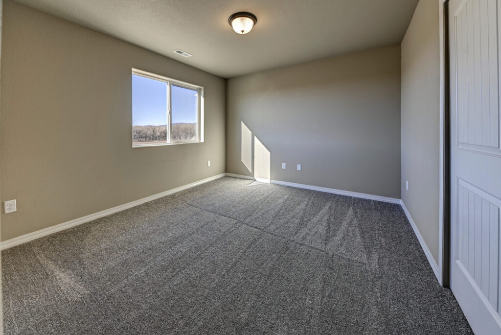 Bright empty bedroom with a window, grey carpet, and sunlight on the wall.